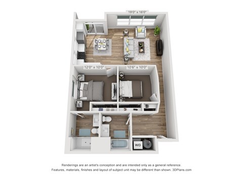 A 3D floor plan of a small apartment with a kitchen, living room, and two bedrooms.